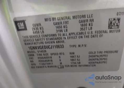 2012 Chevrolet Traverse 1Lt from USA, damaged, VIN 1GNKVGED0CJ110633